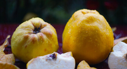 Quince fruits are cut into pieces