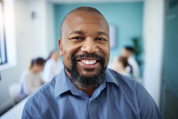 Happy, meeting and portrait of business black man for teamwork, smile and discussion. Corporate...