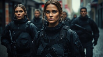 Fototapeta premium Teamwork, crime and police in the city for justice, protection and law enforcement mission.