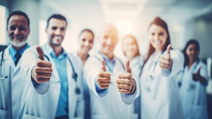 Thumbs up, success and team of doctors for healthcare support, thank you or excellence in hospital services. Medical group