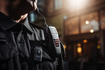 Walkie talkie, man and security guard for police service, backup support and safety.