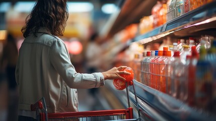 Woman doing grocery shopping at the supermarket. - obrazy, fototapety, plakaty