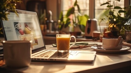 An intimate view captures a laptop and assorted documents arranged on a table within a welcoming living room setting. Symbolizing remote work, startup endeavors - obrazy, fototapety, plakaty