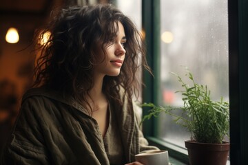 Woman Enjoying her morning coffee or tea, Looking Out the Rainy Window.