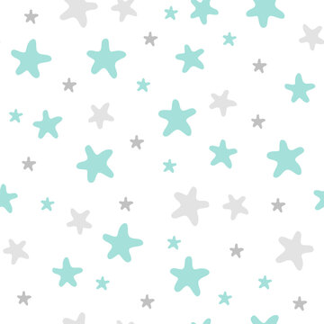 Seamless vector pattern. Cute blue and gray sea stars. Illustration in naive style. Vector illustration