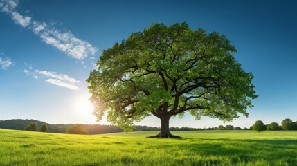 Fototapeta premium Radiant sunlight beams through a splendid green oak tree standing in a picturesque meadow, set against a backdrop of a cloudless, vibrant blue sky