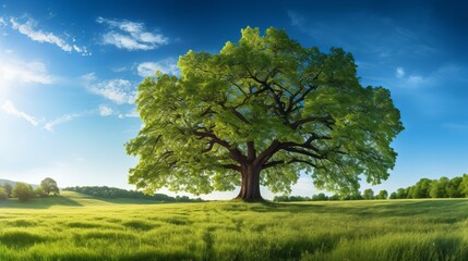 Fototapeta na wymiar Radiant sunlight beams through a splendid green oak tree standing in a picturesque meadow, set against a backdrop of a cloudless, vibrant blue sky
