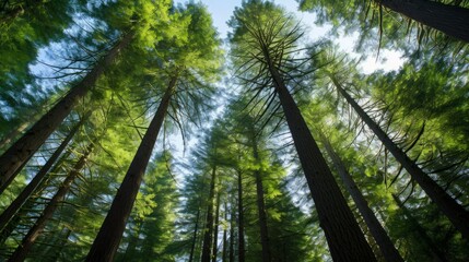 Capturing the tranquil beauty of nature, this image showcases an upward view into the forest canopy near Port Renfrew in British Columbia, Canada, revealing the towering trees and serene woodland 
