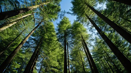 Fototapeta premium Capturing the tranquil beauty of nature, this image showcases an upward view into the forest canopy near Port Renfrew in British Columbia, Canada, revealing the towering trees and serene woodland 
