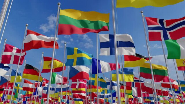 Many international flags of european countries fluttering in wind against blue sky. 3D rendering.
Flag of world. European flags waving in the wind.