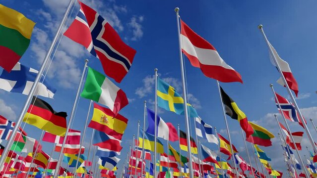 Many international flags of european countries fluttering in wind against blue sky. 3D rendering.
Flag of world. European flags waving in the wind.