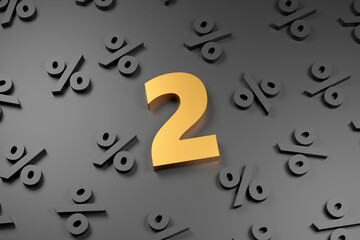 Golden inscription percent on grey podium, soft light, smooth background, 3d rendering