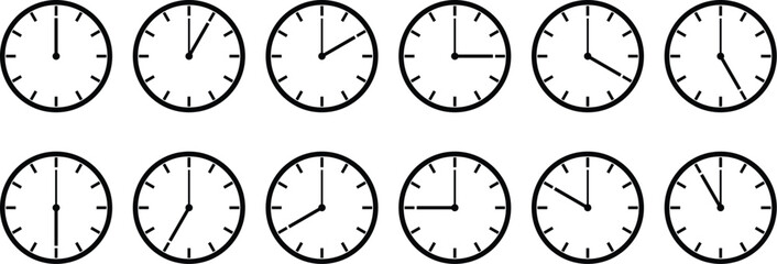 set-of-analog-clock-icon-showing-every-hour-horizontal-isolated-on-white-vector-illustration