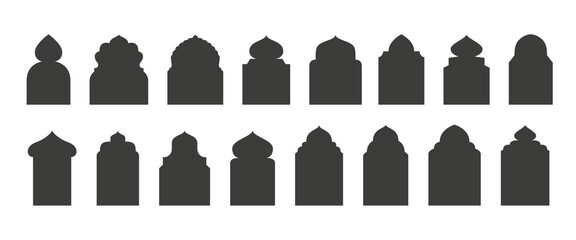 Oriental style islamic Ramadan Kareem and Eid Mubarak windows and arches. Arabic style icon shapes set