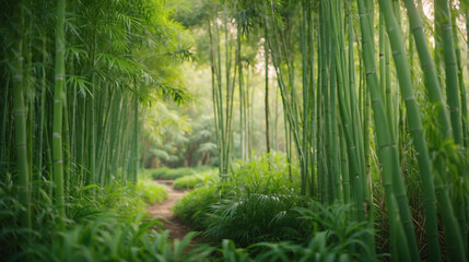 Bamboo alley, green thickets, lush vegetation. Path in the forest. Nature and landscape.