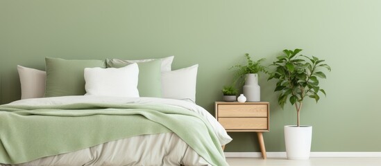 Real photo of a bright bedroom with green and white bedding pillows and nightstand drawer