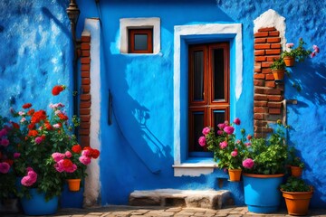 Fototapeta na wymiar Blue painted facade of the house and window with flowers. Colorful architecture in Burano island, Venice, Italy