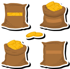 Illustration on theme big colored set different types bags, full sack of coins