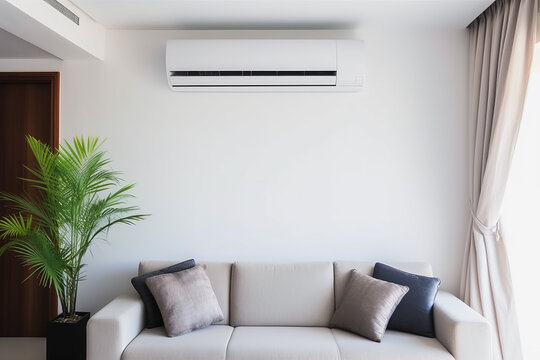 Close up of air conditioner on the wall in background of modern and luxury interior house. Building concept of living room and equipment.