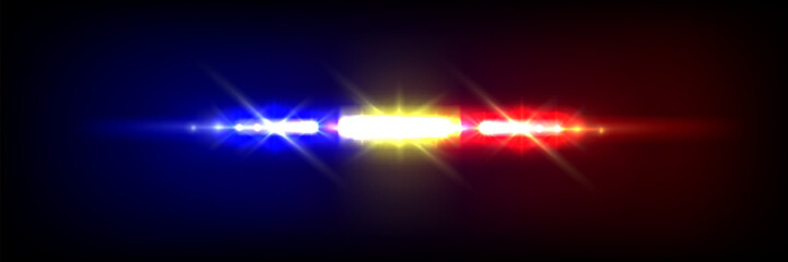 Police siren light bar on black background. Vector realistic illustration of red, blue, yellow flashing led lamps on emergency vehicle, patrol car headlight flaring effect at night, security guard - obrazy, fototapety, plakaty