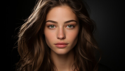 Fototapeta premium Beautiful woman with long brown hair looking at camera sensually generated by AI