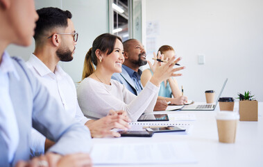 Seminar, professional people and happy woman, audience or board of director explain project report, strategy or sales pitch. Row, trade show and conference crowd smile at group convention meeting