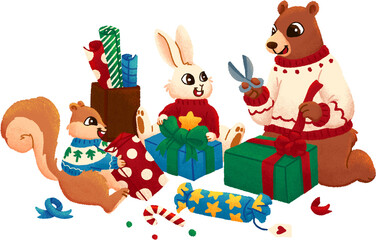 Animals Wrapping Christmas Presents Illustration