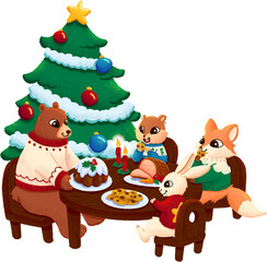 Christmas Dinner with Animal Family Illustration