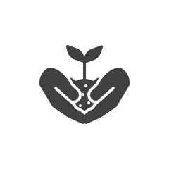 Hands holding soil with plant vector icon