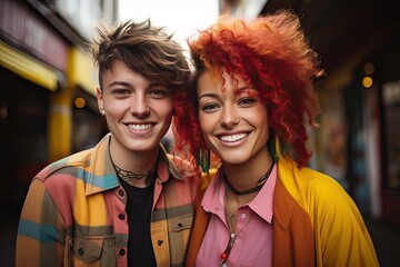 Couple of young gay girls hugging and smiling at camera. Both wearing modern hairstyle and colorful clothes.