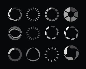 Set of Isolated loading icons collection on black background, load bar icons in a row, Buffer loader or preloader. Download or Upload. Collection of simple web download
