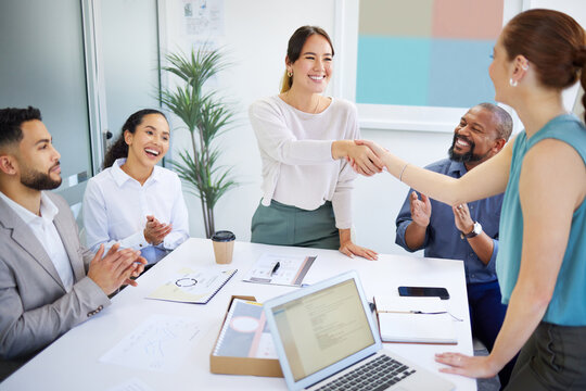 Business people, handshake and meeting applause for partnership, onboarding and thank you or congratulations. Happy manager or b2b clients shaking hands in deal, marketing agreement and team clapping