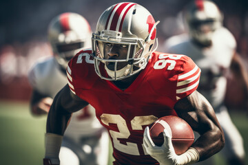 Close-up of professional American football player running with the ball across the stadium field. Determined, powerful, skilled African American athlete ready to win the game. Blurred background.