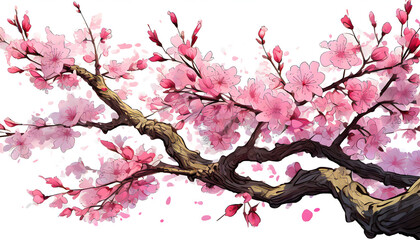 Pink cherry blossom sakura on white background,Beautiful blossoming branches