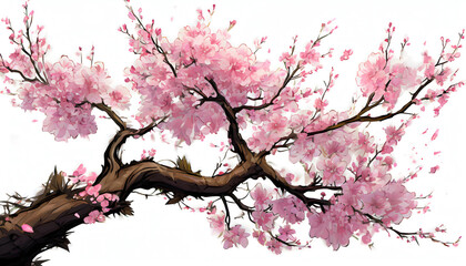 Pink cherry blossom sakura on white background,Beautiful blossoming branches