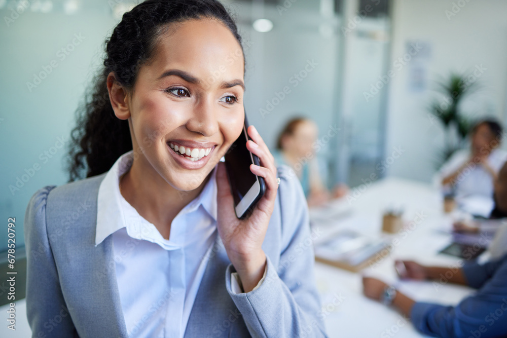 Canvas Prints Happy business woman, phone call and meeting for communication, discussion or networking at office. Face of female person or employee smile talking on mobile smartphone for conversation at workplace