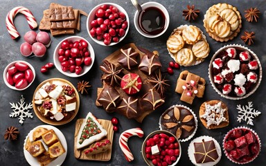 A holiday dessert spread, featuring an assortment of Christmas-themed treats and sweets