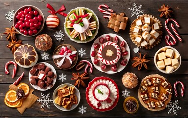 A holiday dessert spread, featuring an assortment of Christmas-themed treats and sweets