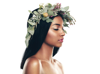 Flower, crown and profile of indian woman with skincare, glow or aesthetic on isolated, transparent or png background. Leaf, plant and face of calm female model with natural, cosmetics and wellness