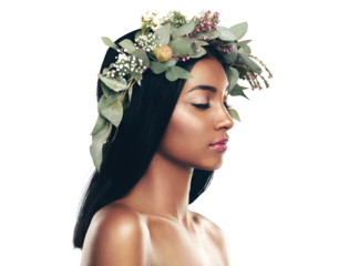 Flower, crown and profile of indian woman with skincare, glow or aesthetic on isolated, transparent or png background. Leaf, plant and face of calm female model with natural, cosmetics and wellness