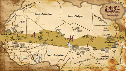 Map of Sahel region in the old style, brown graphics in retro fantasy style - obrazy, fototapety, plakaty