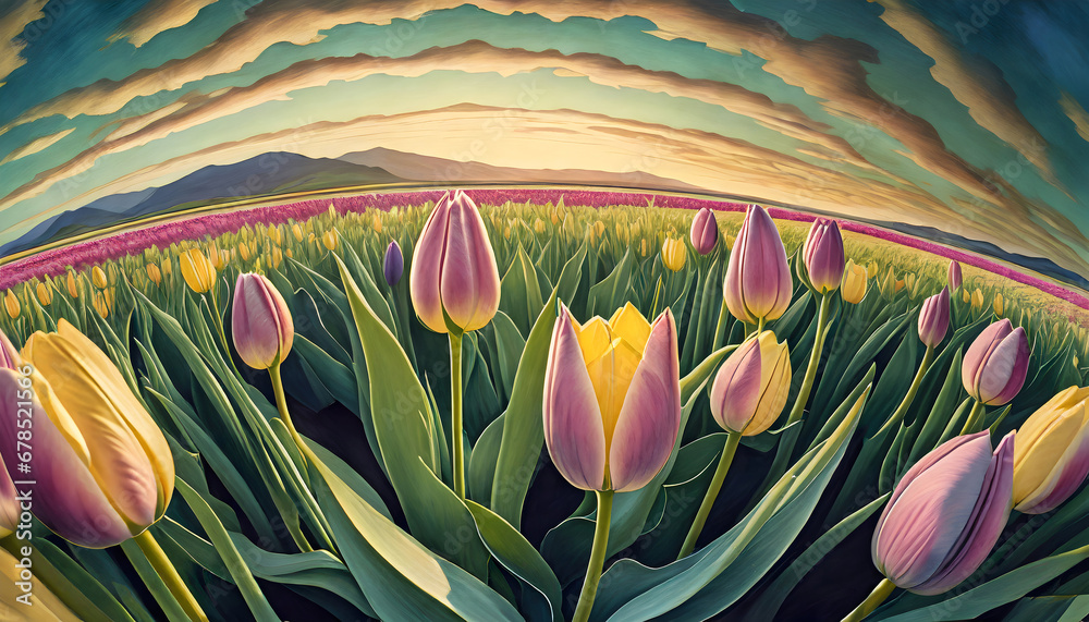 Wall mural field of tulips against. Spring banner vector illustration.