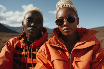 Close-up shot of two young Afro American females in bright orange touristic raincoats against the scenic mountain landscape. Charming ladies with stylish hairstyles posing outdoors. Beauty and fashion
