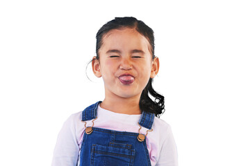 Isolated girl kid, funny face and tongue with joke, humor and raspberry with eyes closed by...