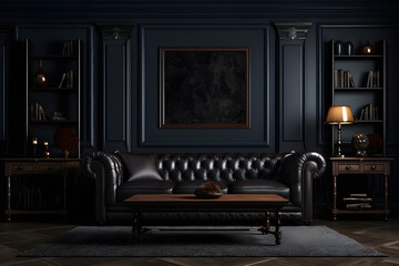 Interior of a luxury dark room with leather sofa and table, in the style of vintage retro