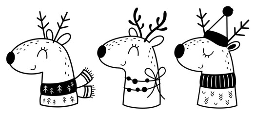 Black and white Сhristmas Deers clipart in cartoon style
