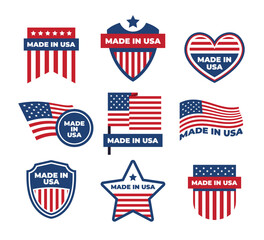 Set of Made in USA Seal Badge Collection, American Quality Product Emblem Label, Patriotic logo or stamp. Tags with flag of america, logo stamp certified, vector illustration