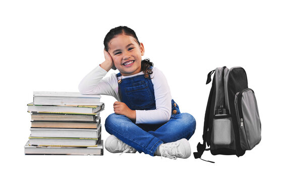 Girl child, backpack and books for isolated, portrait and happy for education by transparent png background. Kid, library or school for learning, development or smile with bag, scholarship or academy