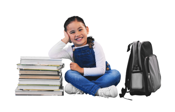 Girl child, backpack and books for isolated, portrait and happy for education by transparent png background. Kid, library or school for learning, development or smile with bag, scholarship or academy