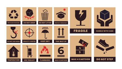 Set of Fragile Symbol Label Collection, Handle with Care Sticker for Shipping  and Packages. Delivery Parcel Cargo Warning Information, Icon Vector Illustration.